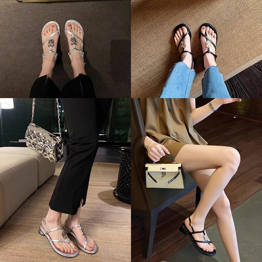 Sheepskin Version of Holiday Style Fine Strap Toe Metal Buckle Thick Heel Sandals Women's Summer High Heel Leather Sandals