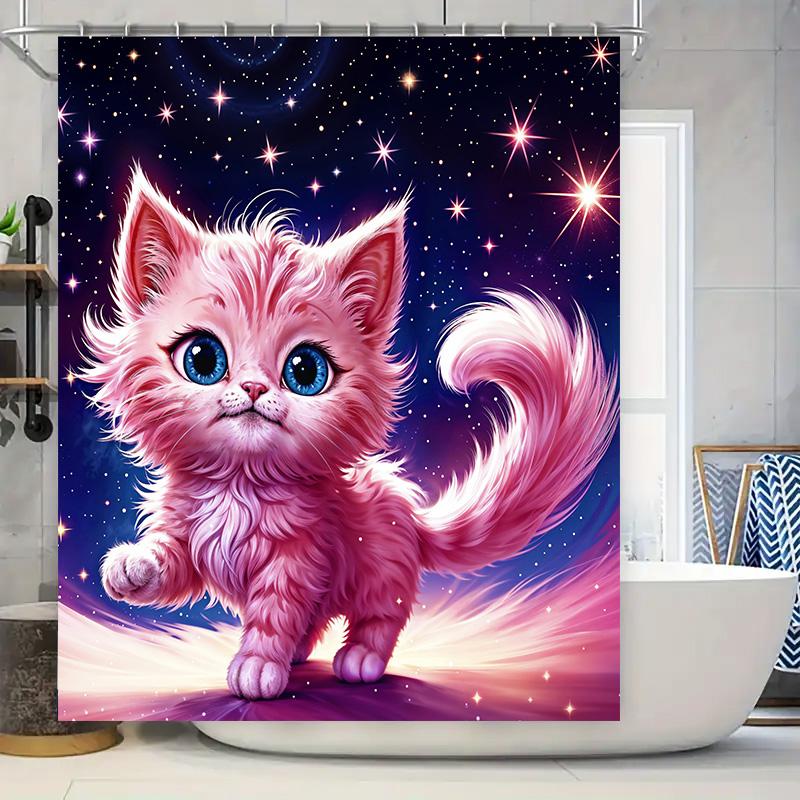 Whimsical Pink Kitty Shower Curtain: Starry Night Fantasy Decoration for Bathroom Decor Ideal Gift Idea (180x200 cm)
