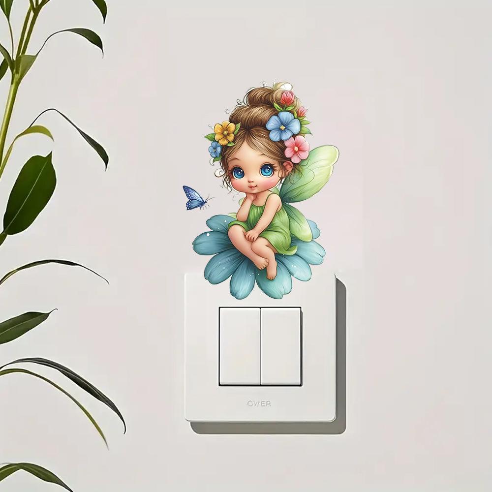 Cartoon Niedlicher Elf Blume Schmetterling Kinderzimmer Wandschalter Dekorative Aufkleber