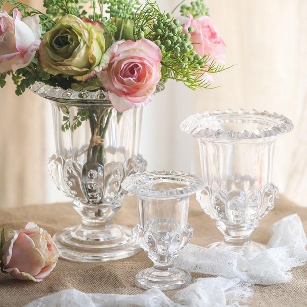 Multi-functional French Style Transparent Glass Vase Retro Elegant Flower Arrangement Vase Decorative Candle Holder for Home