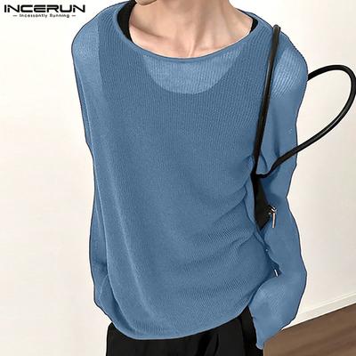 Men Scoop Neck Long Sleeve Loose See Through Rib Undershirts Basics Tops