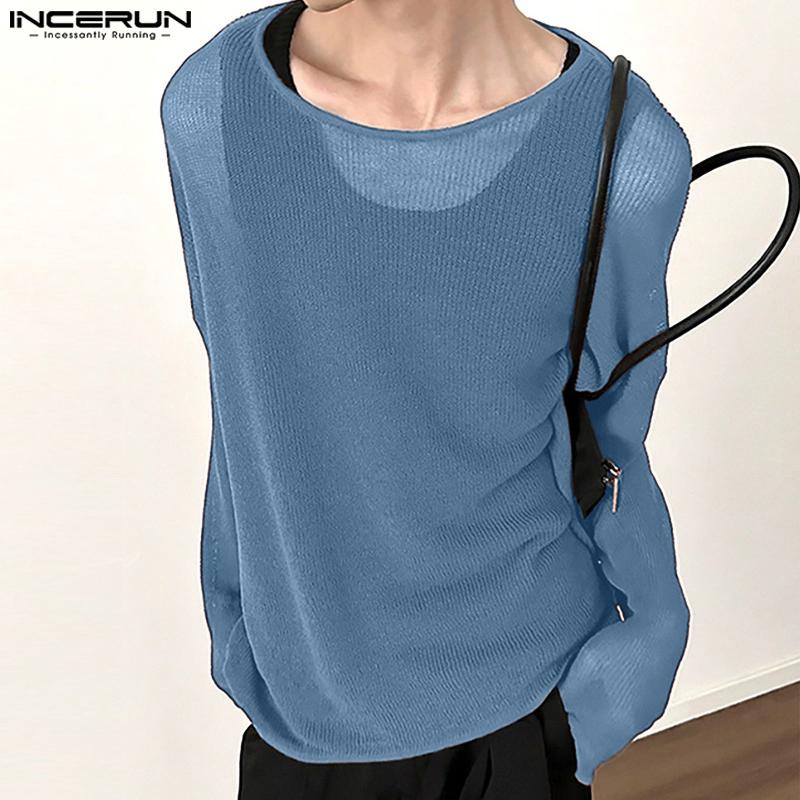 INCERUN Men Scoop Neck Long Sleeve Loose See Through Rib Undershirts Basics Tops
