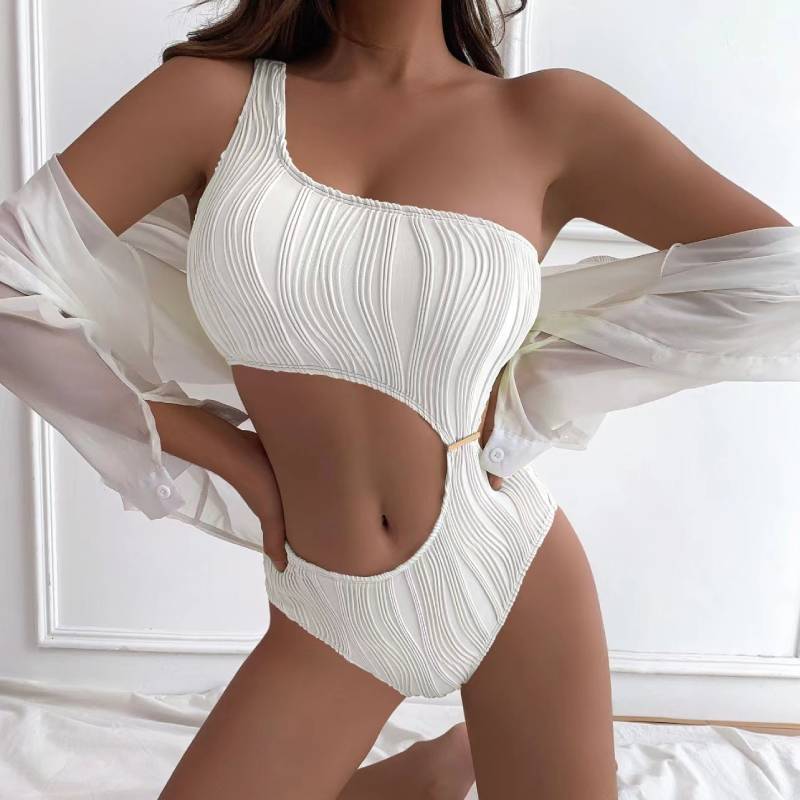 Plain Color Oneshoulder Swimsuit For Women With Padded Bust And Polyester Fabric For Swim And Dance Activities