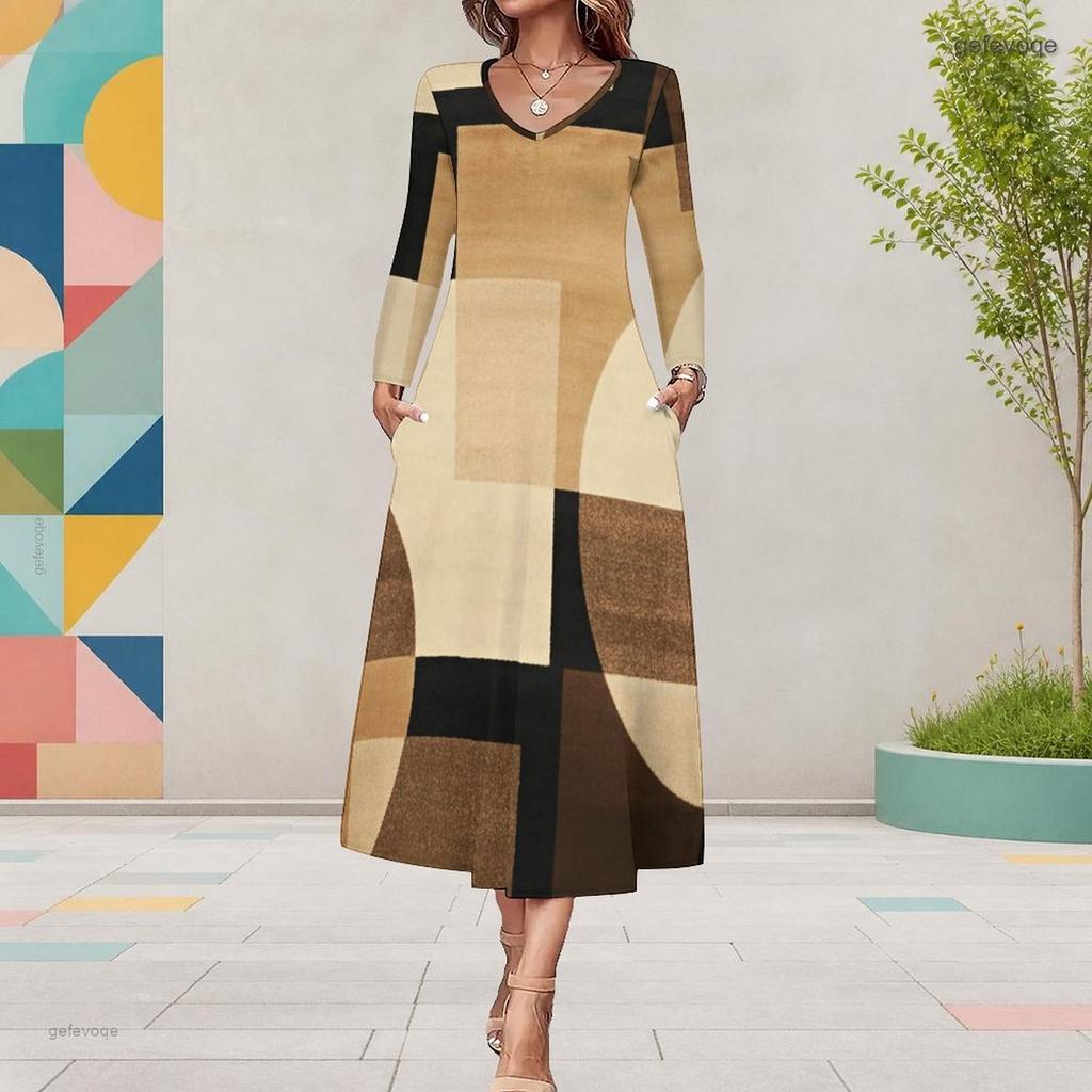 Women Plus Size V Neck Long Sleeve Purple Black Butterfly Printed Midi Dress With Pockets