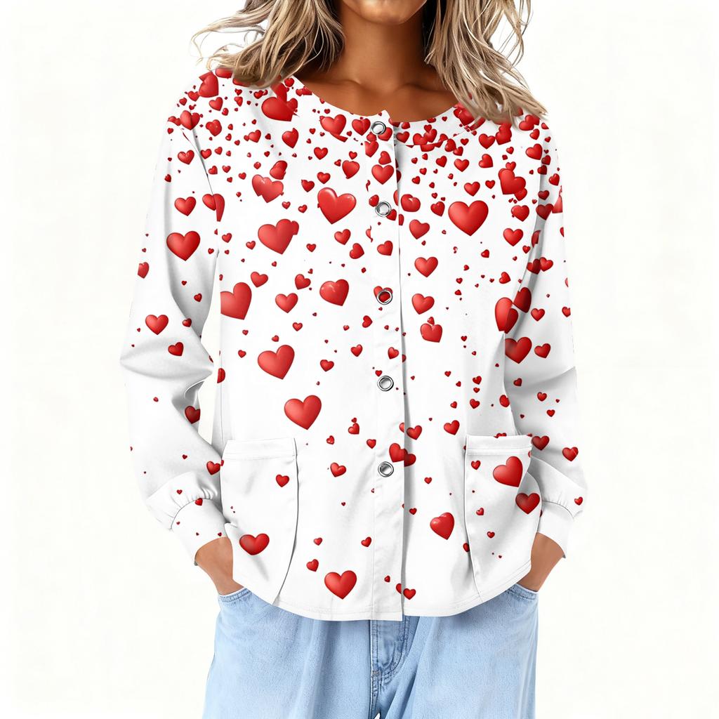 Women Long Sleeve Printed Pocket Working Stand Collar Single-breasted Protective Overalls Cardigan Jacket Top