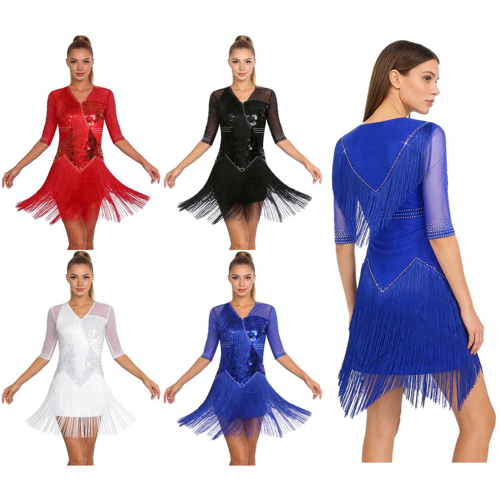 Ladies Glittery Sequin Dance Dress V Neck Half Sleeve Tiered Tassel Design Rhinestone Details Latin Cha Cha Tango Salsa Costume