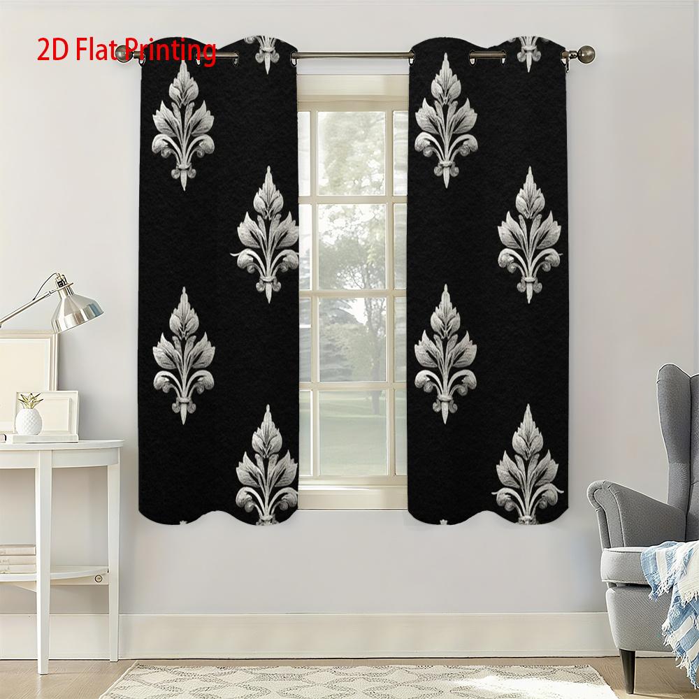 2D Flat   2pcs   2D Flat Printing Curtains Black Background Silvery Fleur De Lis Pattern   Punched Lace Fabric Material for Home