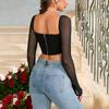European and American Sexy Hollow Tops, Popular Women's Mesh See-through Horn Sleeves, Long-sleeved Zipper T-shirt Tops