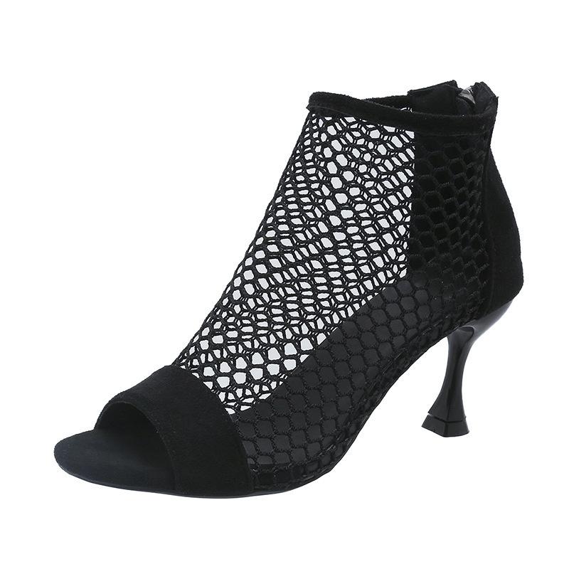 Summer new fish mouth rear zipper high heel sandals fashion large size net cool boots