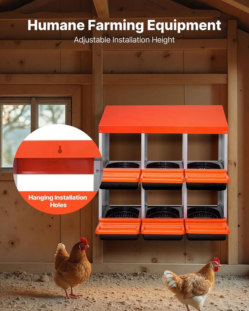 2 Tiers Chicken Nesting Boxes, 6 Compartments, Metal Egg Laying Boxes with Protective Collection Lids, Roll Out Nesting Box, Easy to Assemble, Ideal