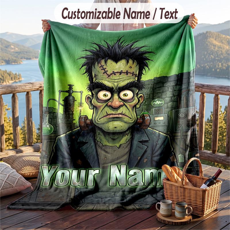 Custom Text Flannel Throw Blanket, Lightweight Cozy Bed Sofa BlanketFrankenstein's Monster