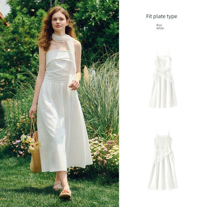 

Senma Sling Dress Women s Minimalist Fashion Tape Fashion 2025 Summer New Arrival Lace Silk Scarf Skirt Elastic Back Rice White 10312 175/96A/XXL