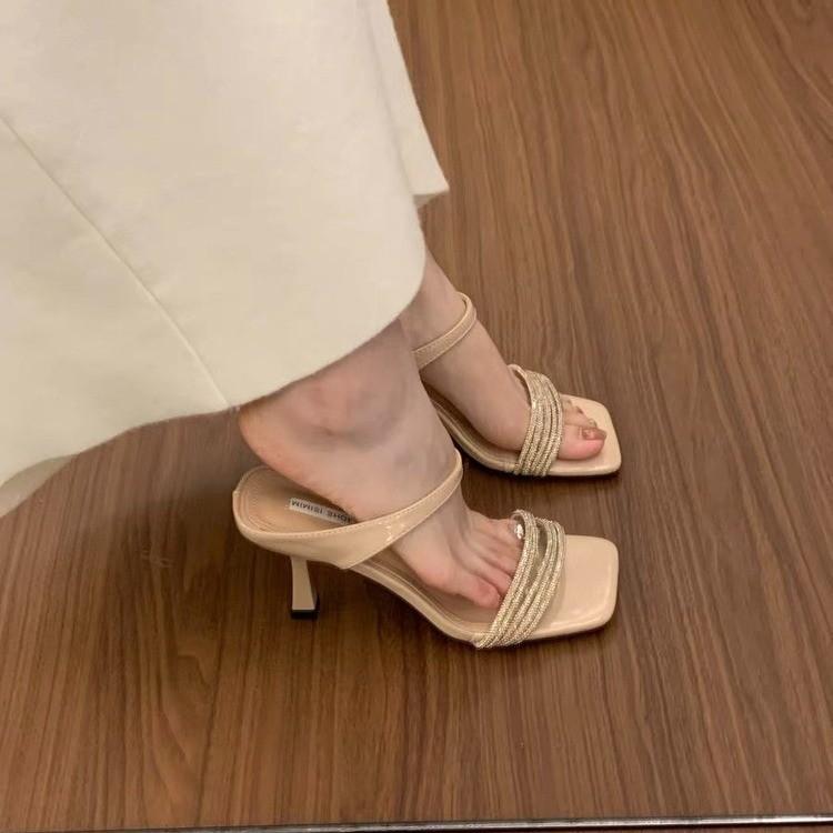 

French rhinestone square head with sandals women s 2025 new summer wear with skirt stiletto high heel cool slippers 40