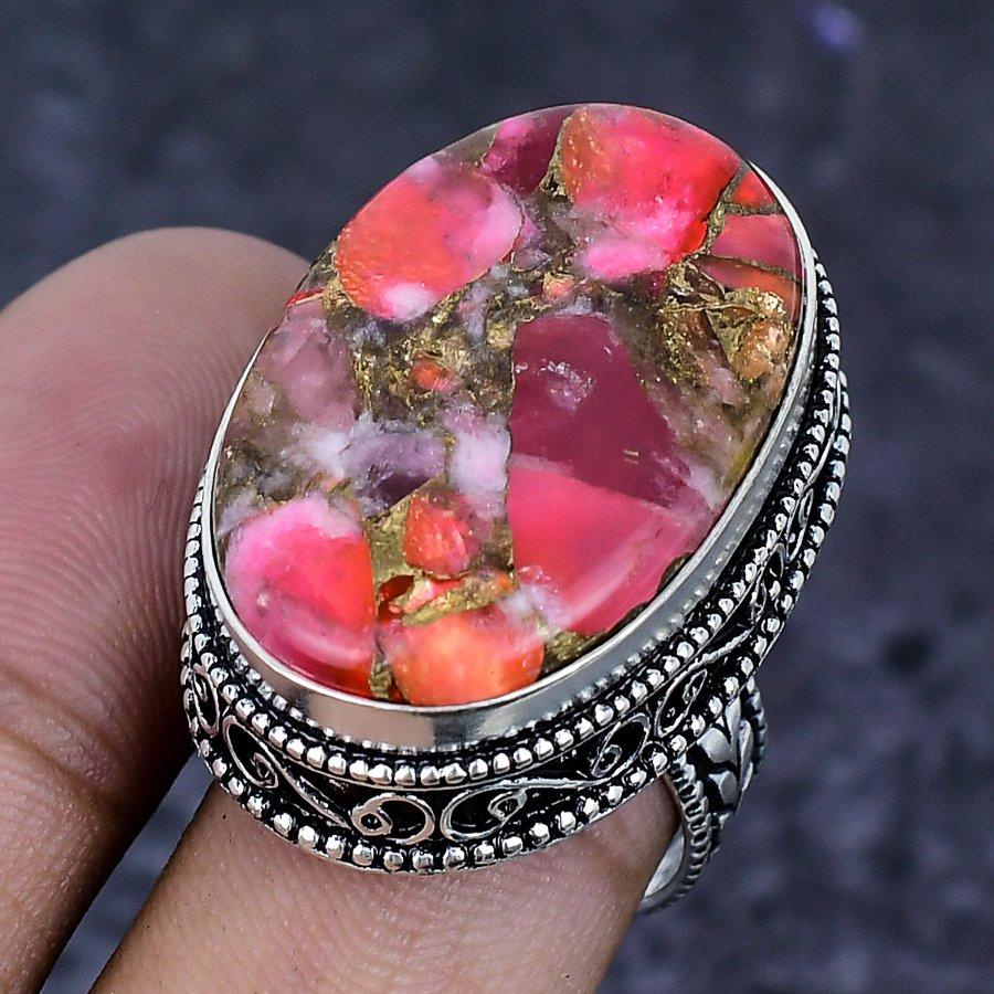 Natural Copper Red Coral Gemstone 925 Sterling Silver Jewelry Ring Size 8 ETC-13903