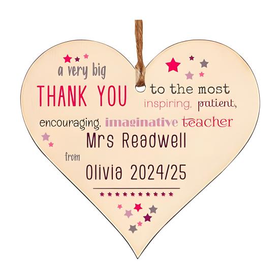 Wooden Heart Plaque Teacher Gift Heart Shape Hanging Decoration Thank You Gift for Teachers Nursery Preschool Childminder