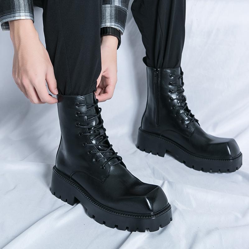 Fashion Black Men's Square Toe Thick Bottom Boots High 6cm Thick-Soled British Style Punk Fashion Platform Thigh High Boots for Men