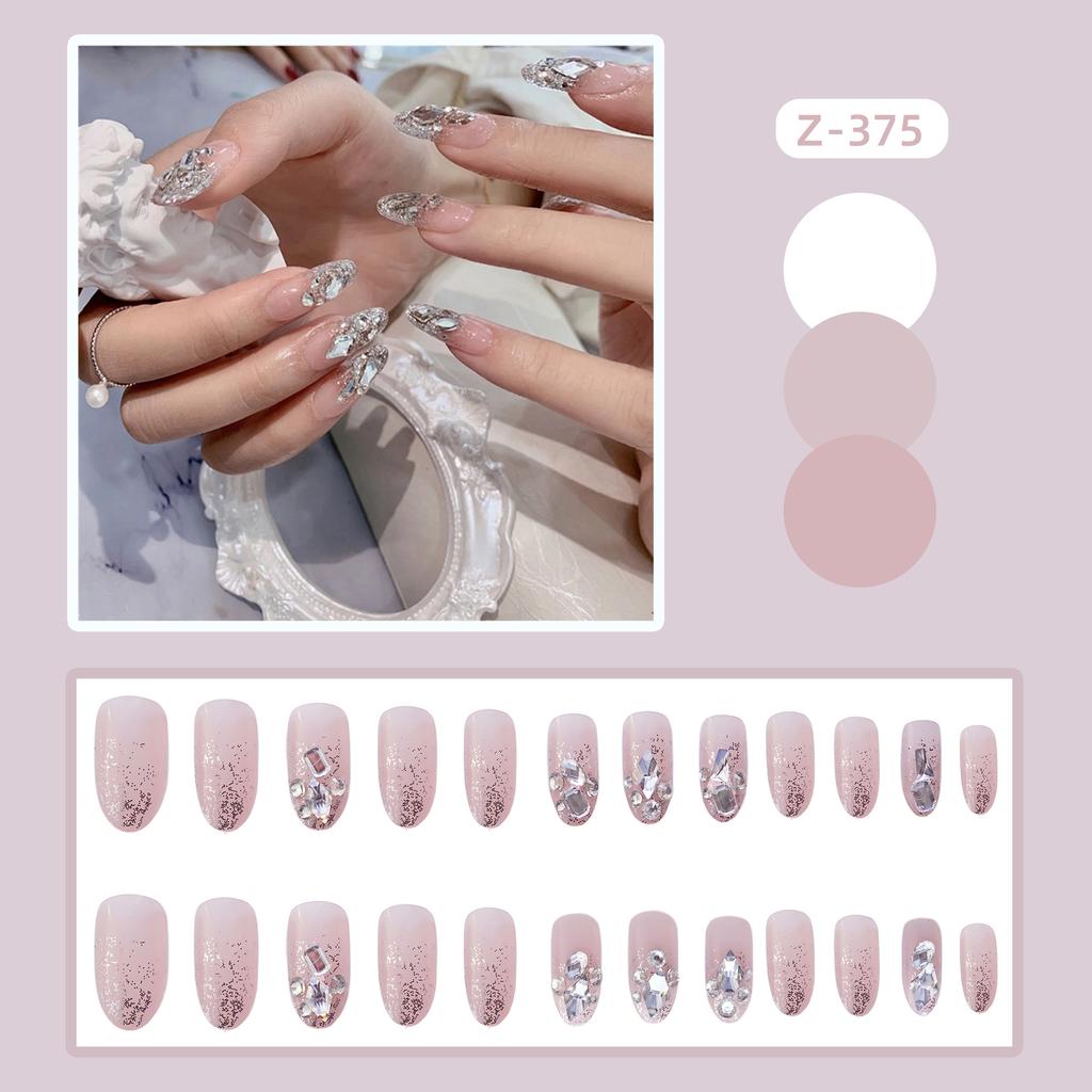 24Pcs Pink Silver Glitter Diamond Fake Nails Long Ballerina Press On Nails Reusable False Nail Tips Set