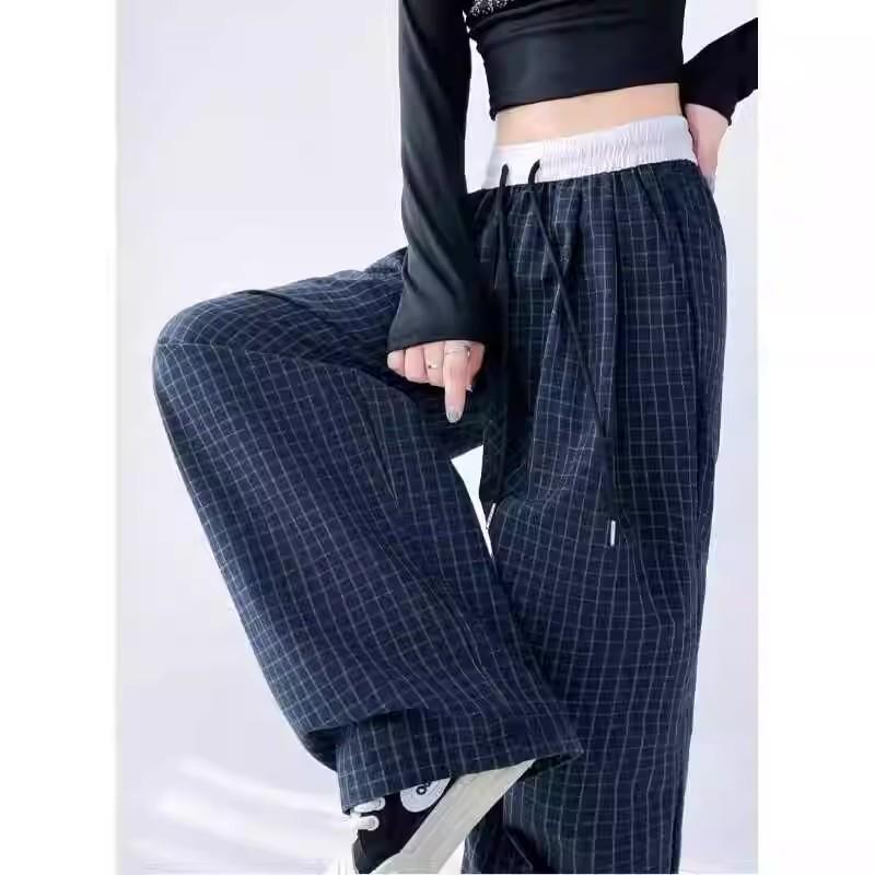 Petite 150cm American Color Block Plaid Wide-Leg Thin Summer Trousers - Women's Straight-Leg Sporty Casual Pants