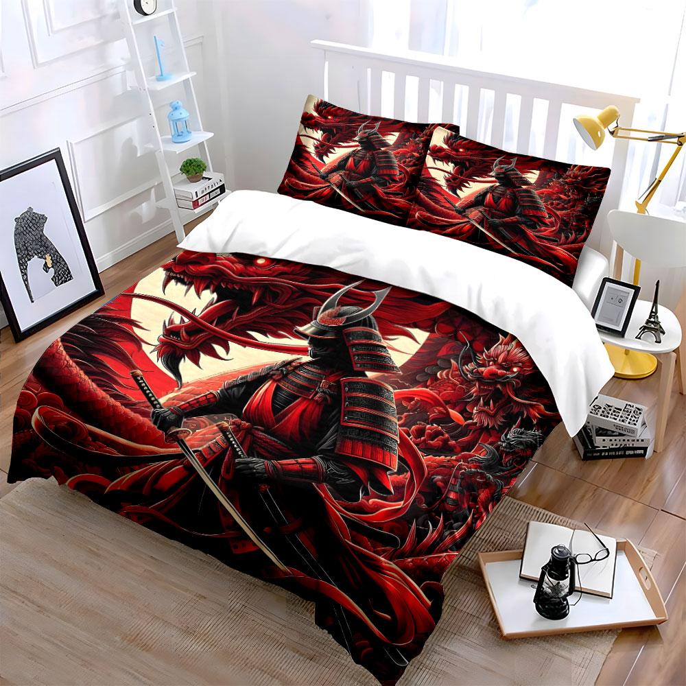 Samurai and Red Dragon Battle Bedding Duvet Cover Set  (1*Duvet Cover 2*Pillowcases, without duvet insert)