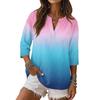 Women's Casual Gradient Print V Neck Button Three Quarter Sleeve T Shirt Linen Cotton Blend Top for Everyday Wear