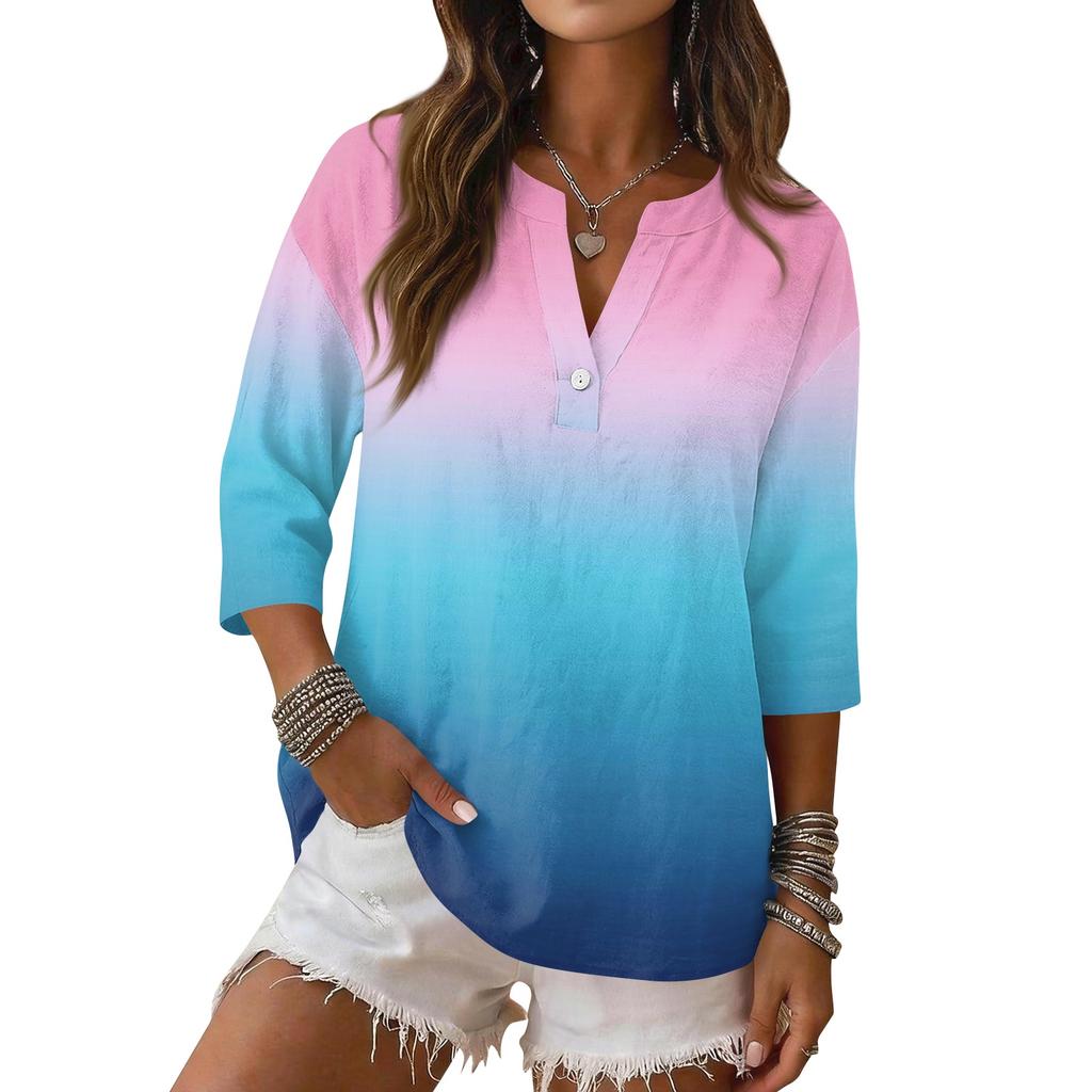 Women's Casual Gradient Print V Neck Button Three Quarter Sleeve T Shirt Linen Cotton Blend Top for Everyday Wear