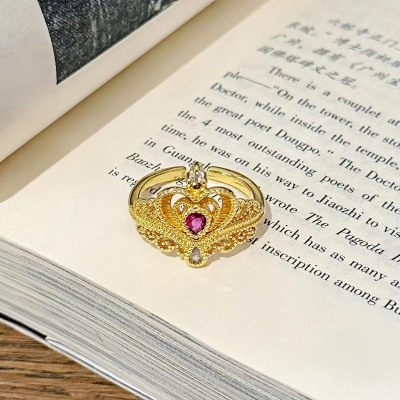 Medieval Vintage Light Luxury Love Crown Open Ring Zircon Exquisite Elegant Retro Court Style Index Finger Ring