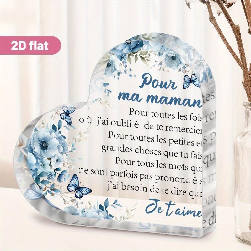 

2D Flat Pour Ma Maman Heart-Shaped Acrylic Desktop Decoration, Blue Floral & French Inscription Design, Suitable for wall decoration, porch, room, v 10*10CM