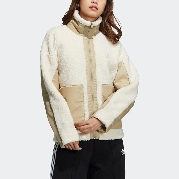 Adidas Originals Sherpa Color Block Stand Collar Fleece Sports Jacket Women Jacket Off-White HC6603