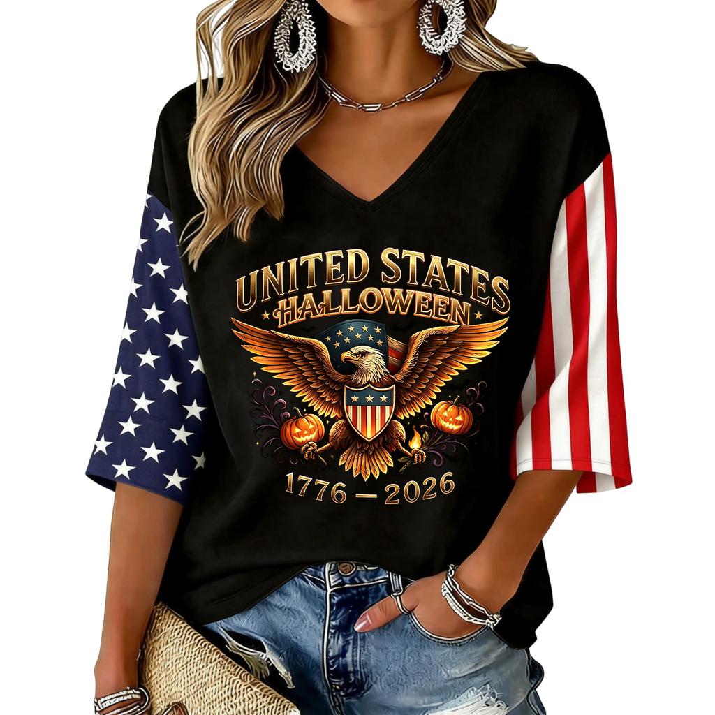 Women's V-Neck Halloween Print Three-Quarter Sleeve Casual Blouse