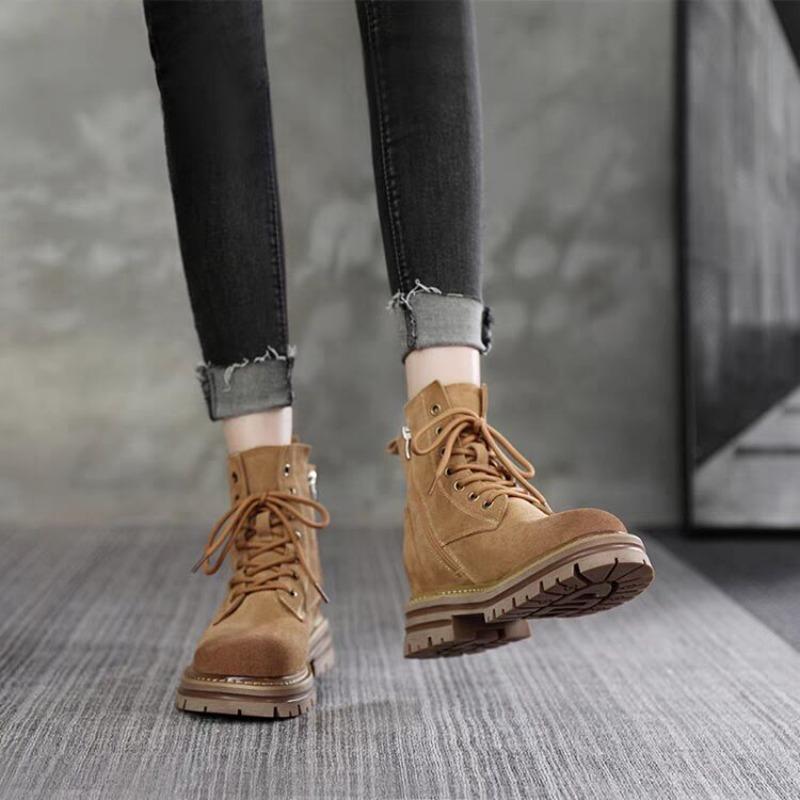 Fashion Women Boots Fashion Retro Leather Platform Round Toe Booties Brown High Quality Heightening Tooling Women Ankle Boot Botas Mujer