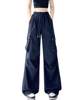 HIMATI Cargo Long Wide Leg Cargo Pants with Loose Hip Hop Stylish Bottoms Navy Size M Women's Pants, Pants, Pockets, Fit, Dance, - -