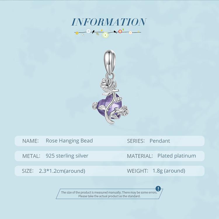 Bamoer 925 Sterling Sølv Romantisk Lilla Zirkon Rose Hengende Anheng Charms passer DIY Lagingsarmbånd & Armring Fint Smykke