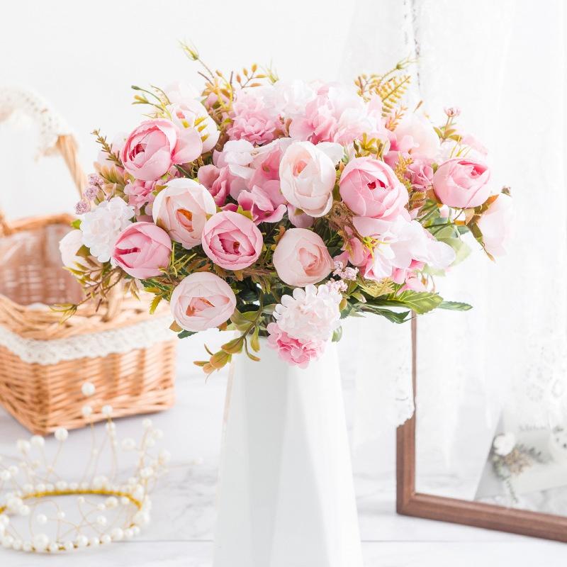7 Head Rose Artificial Flowers 32cm Hydrangea Hybrid Bouquet Silk Fake Flower for Home Garden Wedding Decor, 1pc