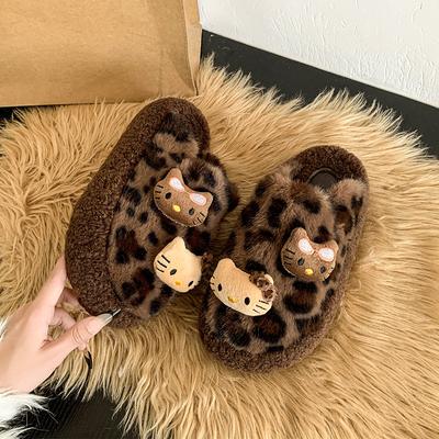 2025 Outer Wear Leopard Print Cartoon Cat Cotton Slippers Women's Thick Bottom Autumn and Winter New Bag Head Sweet Cool Casual Fluffy Slippers