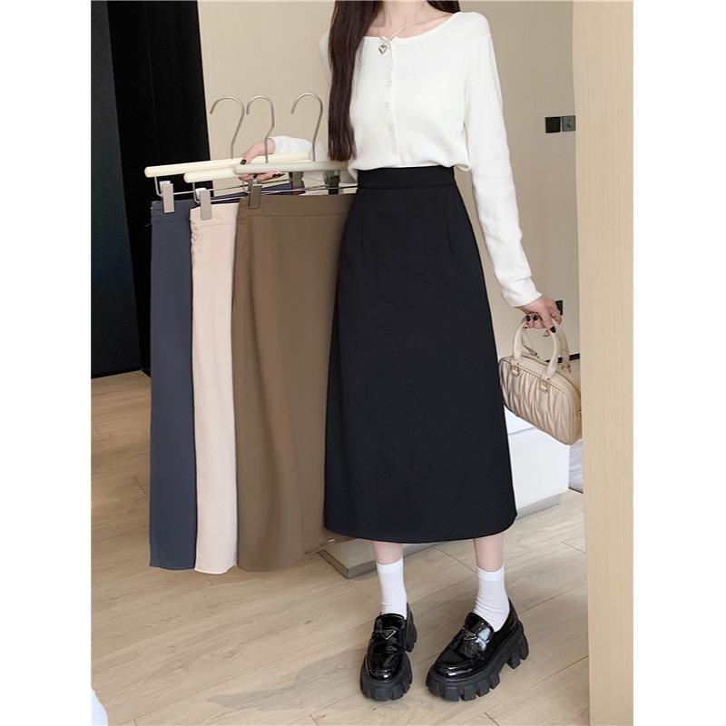2024 Women's French-Style Midi Skirt - Black High Waist A-Line Pencil Skirt