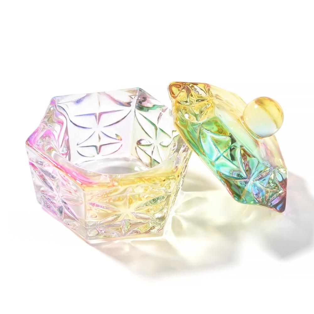 6PC křišťálové sklo akrylový prášek na tekutý kalíšek na nehty Barevný duhový Dappen Dish Víko Držák na misku Vybavení Nástroje na zdobení nehtů