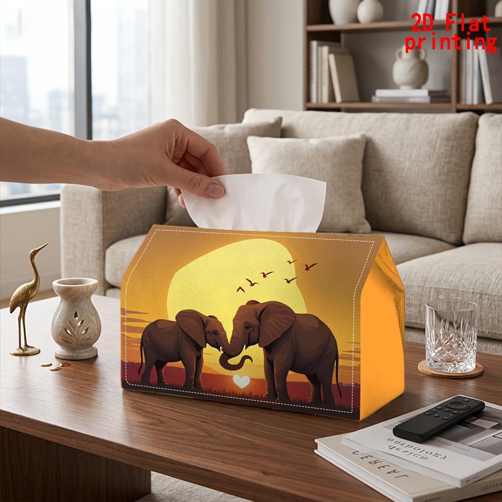 2D Flat 1pc, Tissue Box. Elephant Sunset Heart Pattern Napkin Dispenser, Reusable, Daily Desktop Tissue Organizer, Suitable for Kitchen Living Room Be