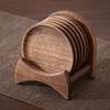 Walnut Wood Tea Coffee Coasters With Wooden Stand, Round Wooden Cup Coaster Set For Home Table