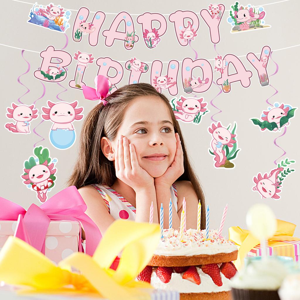Axolotl Birthday Party Decorations Pink Axolotl Theme Happy Birthday Banners Hanging Swirl Decorations Kit Party Supplies For Bo