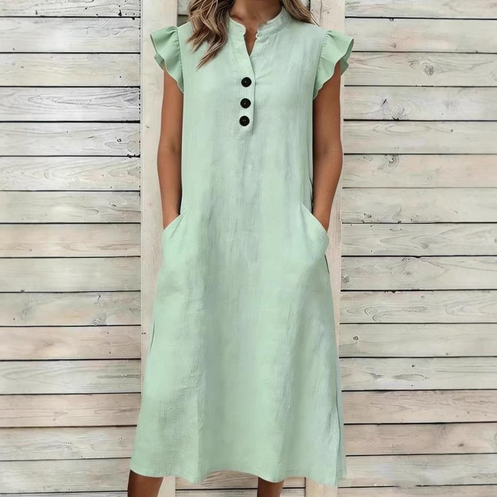 Women V Neck Dress with Petal Sleeves Three Button Front Design and Side Pockets Casual Loose Fit Midi Dress for Everyday Wear