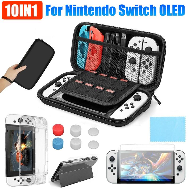 Tragetasche + Schutzhülle + Gehärtete Glasfolie für Nintendo Switch OLED 13-in-1 Zubehör-Set