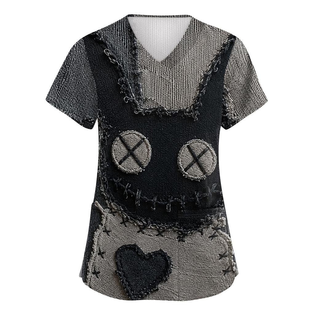 Women's Halloween Print Scrub Top – Short Sleeve V-Neck with Pocket and Side Slits for Professionals