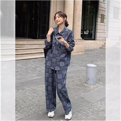 Τζιν κοστούμι ζακάρ Γυναικείο Φθινόπωρο Νέο Τοπ Παντελόνι με φαρδύ πόδι Καθημερινή ένδυση Σετ δύο τεμαχίων