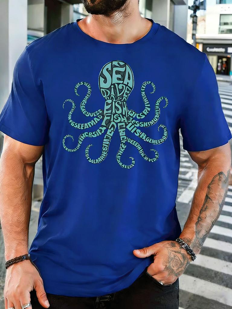 Word Art Octopus Sea Dive Text Graphic Unisexs Front Print T Shirt Ocean Creature Tee Casual Short Sleeve Top Sea Diving Lover Gift
