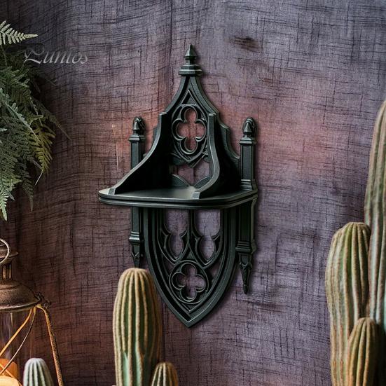Dark Academia Room Decor Gothic Wall Shelf, Vintage Floating Shelf for Bedroom And Living Room, Matte Black Decorative Display Wall-Mounted Rack with