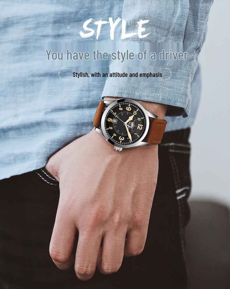 HELEI Wasserdichte Herren-Quarzuhr mit echtem Lederarmband - Modell H9019