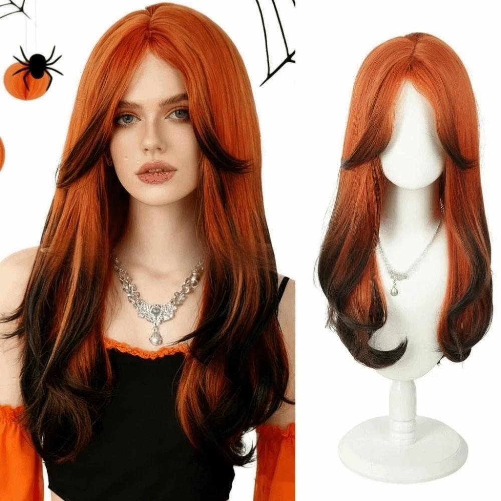 Harajuku Orange Gradient Black Wavy Wig Synthetic Women Layered Hairpiece  Role-playing