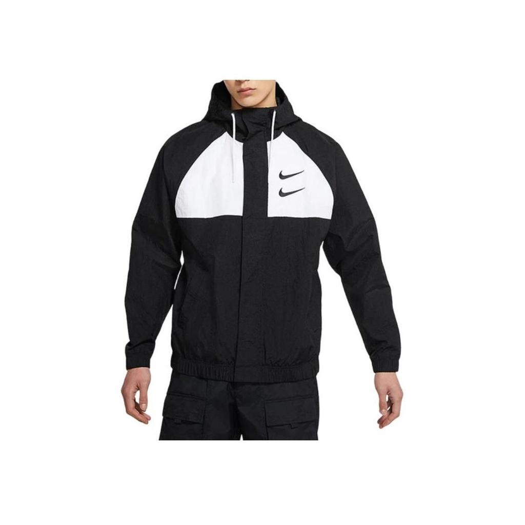 Nike Swoosh Çift Kancalı Rüzgar Geçirmez Spor Dokuma Kapüşonlu Ceket Erkek Ceketler Siyah DJ9647-011