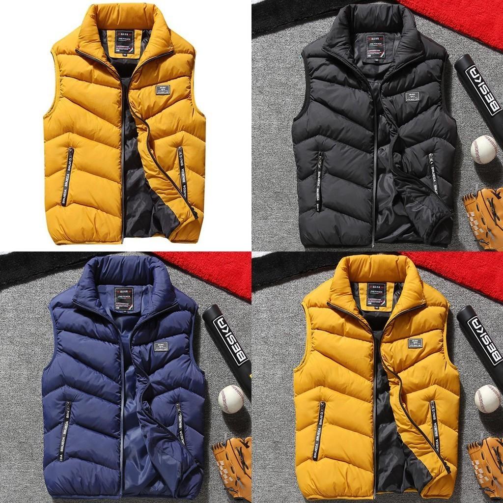 Mens Winter Warm Padded Sleeveless Puffer Jacket With Stand Collar And Zipper Closure