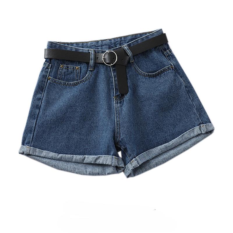 

Класичні та мінімалістичні модні універсальні жіночі високою талією літні вільні тонкі великі ярди з закрученими краями повсякденні підджинсові шорти Індивідуальність 2XL темно-синього кольору